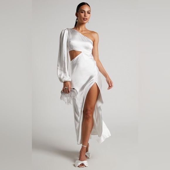 Showpo. Dresses & Skirts - NWT Showpo. Archie Midi Cut Out One Shoulder Long Balloon Sleeve White Dress 6